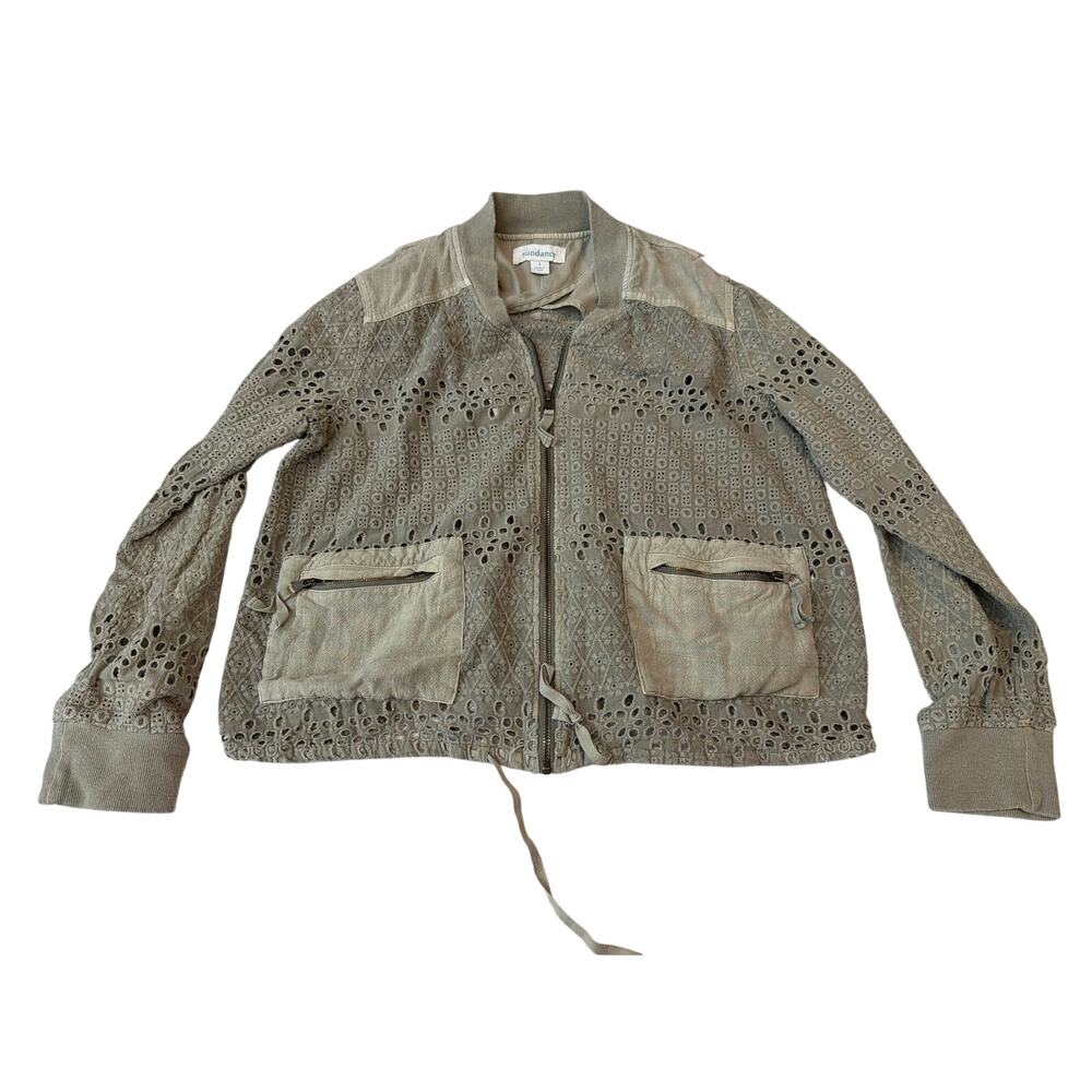 Sundance Seagrass Green Eyelet Embroidered Bomber Jacket Small